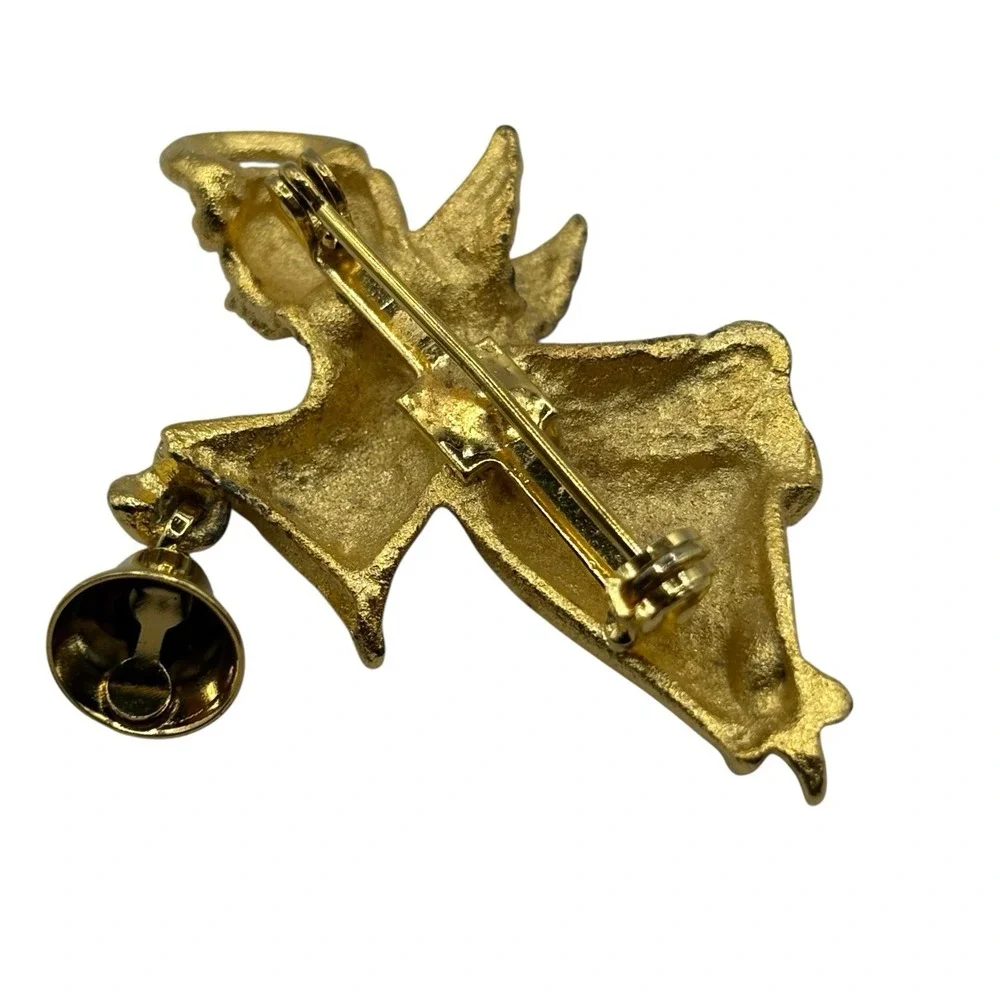 Flying Angel Brooch Pin w/ Bell Gold Tone Matte Textured VTG Religious Christian